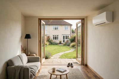 A garden room at the end of a garden, glazed along one side, with an air conditioning unit on the wall