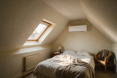A loft room under sloping eaves with a roof window